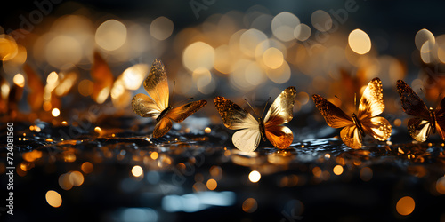 Abstract bokeh shimmering gold glitter butterflies with blurry defocused background