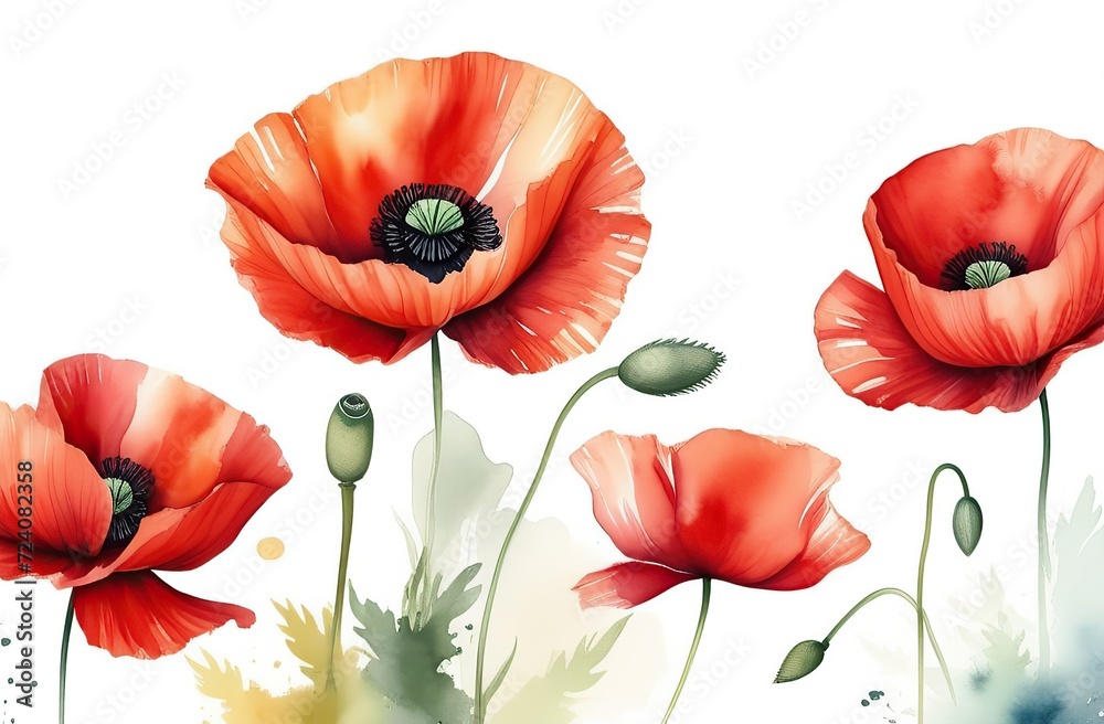 Obraz premium Blooming bouquet of red poppies. Watercolor flowers. Beautiful bright banner with red poppies and green leaves.