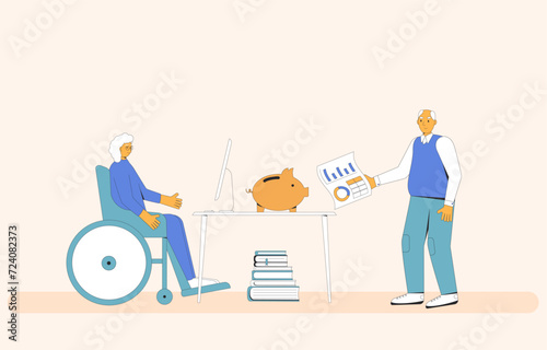 Budgeting for senior. Woman in wheelchair and man talking about finance. Elderly people with money and analyze retirement savings. Vector illustration