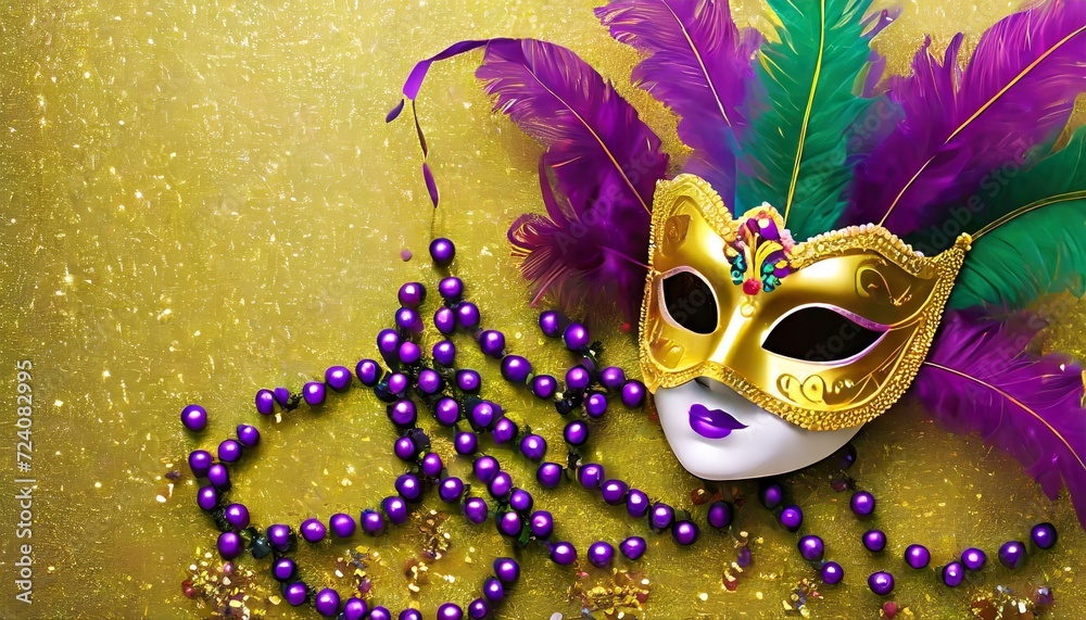 venetian carnival mask and beads decoration mardi gras background generative ai
