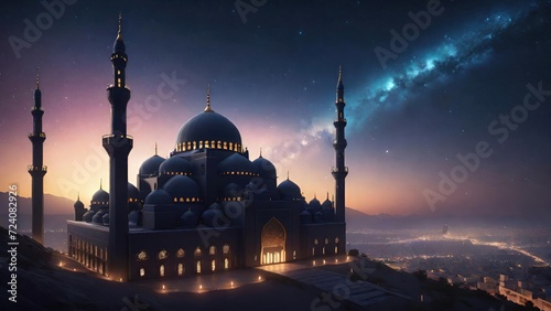 Big Mosque Under Starry Night. Suitable for Ramadan concept, Islamic concept, Greeting card, Wallpaper, Background, Illustration, etc  © dreambender