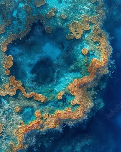 Aerial view of a coral reef system, showcasing the intricate patterns and vivid marine life
