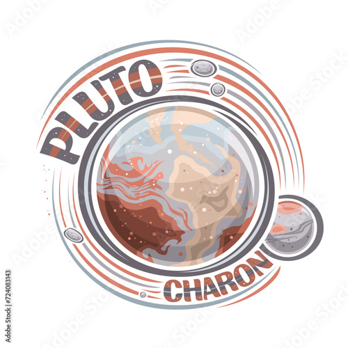 Vector logo for Pluto, decorative cosmic print with rotating planet pluto and many moons, rock surface with mountains, round cosmo tag with unique letters for text pluto and charon on white background