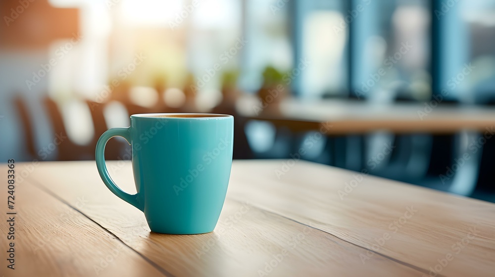 Cyan Coffee Cup on a wooden Table. Blurred Interior Background Cyan Coffee Cup on a wooden Table. Blurred Interior Background