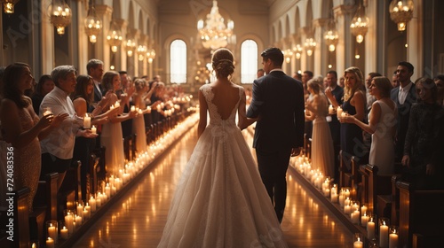 Elegant catholic church wedding ceremony with groom and bride exchanging vows in a joyful moment