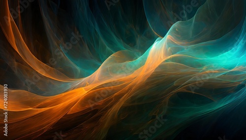 a close up of an abstract digital fractal art piece of a glow orange blue and green wavy smoke pattern on a dark background generative ai