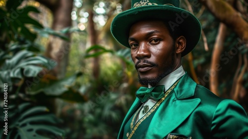Portrait of a young african american man in a green leprechaun suit and hat posing in the jungle.