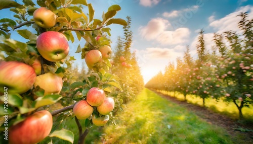 fruit farm with apple trees branch with natural apples on blurred background of apple orchard in golden hour concept organic local season fruits and harvesting technology