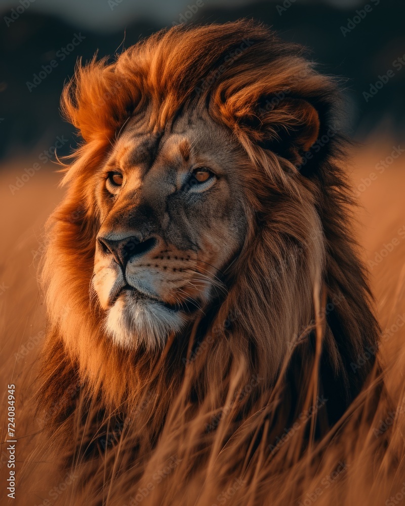 Fototapeta premium Majestic lion portrait in a savannah landscape during sunset, with dramatic lighting and detailed fur texture