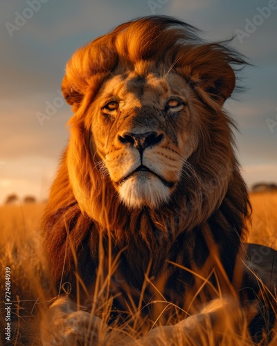 Majestic lion portrait in a savannah landscape during sunset, with dramatic lighting and detailed fur texture