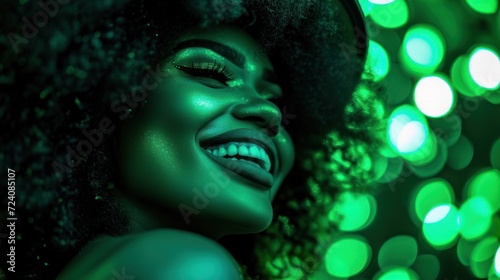 Beautiful african american woman with curly hair and green make up
