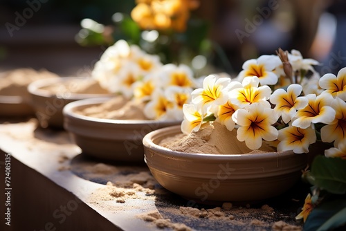 Plumeria flowers adorning sand bowls in a tranquil outdoor setting