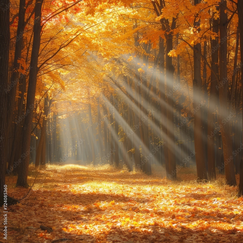 Obraz premium The beauty of autumn forest with sunlight shining through the trees