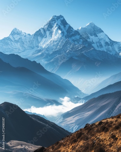 Panoramic view of a majestic mountain range with snow-capped peaks under a clear blue sky
