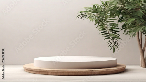 White granite stone pedestal  simple round stand with green tropical plants around. Product presentation concept.
