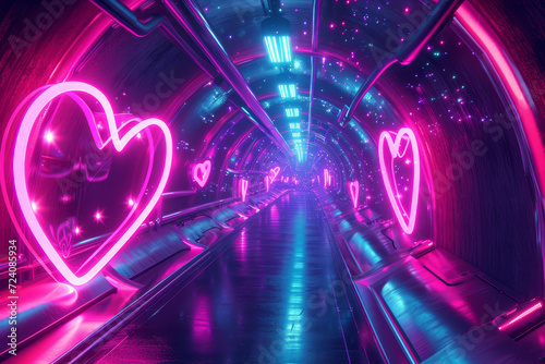 Futuristic neon valentine, tunnel with neon lights on the walls