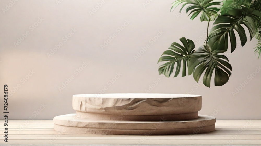 White granite stone pedestal, simple round stand with green tropical plants around. Product presentation concept.