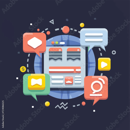 2d vector illustration colorful social media boost , influence blogger E-marketer via Internet pages marketing referral