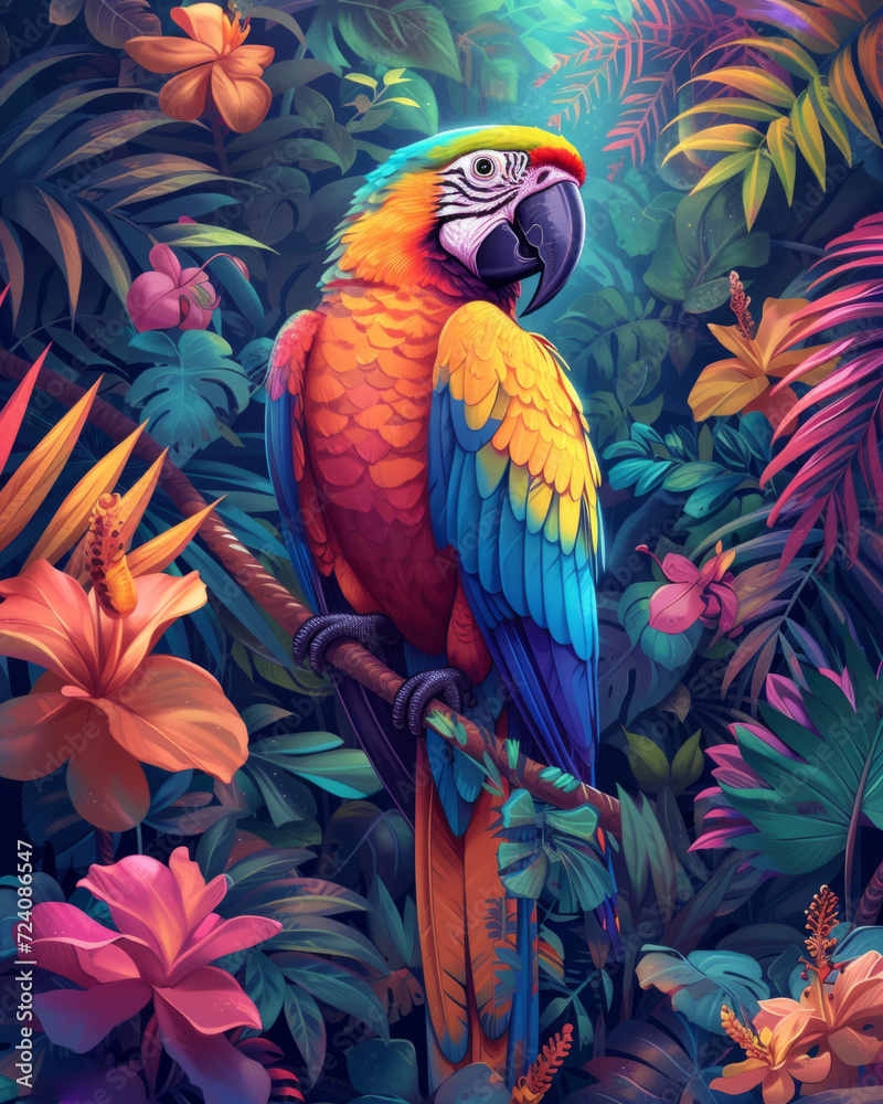 Obraz premium Stylized digital illustration of a colorful parrot in a tropical jungle, surrounded by vivid flora