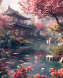 Traditional Japanese garden with cherry blossoms and a koi pond