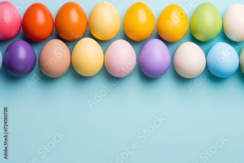 Colorful easter eggs on pastel blue background with copy space