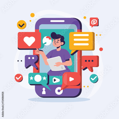 2d vector illustration colorful social media boost , influence blogger E-marketer via Internet pages marketing referral