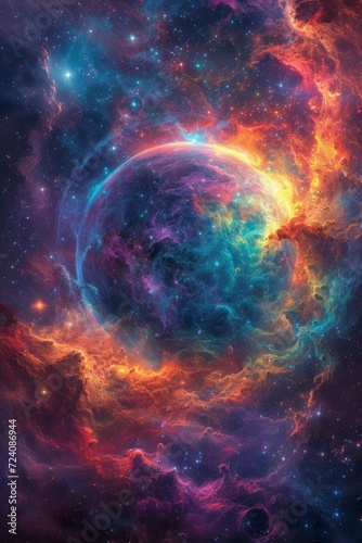 Vibrant, glowing orb in the center of a galaxy, surrounded by stars and colorful nebulas