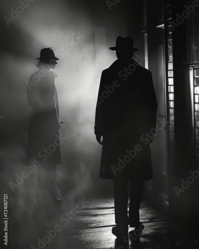 Vintage detective noir scene inspired by classic mystery novels, with shadowy figures