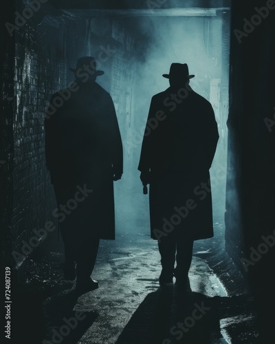 Vintage detective noir scene inspired by classic mystery novels  with shadowy figures