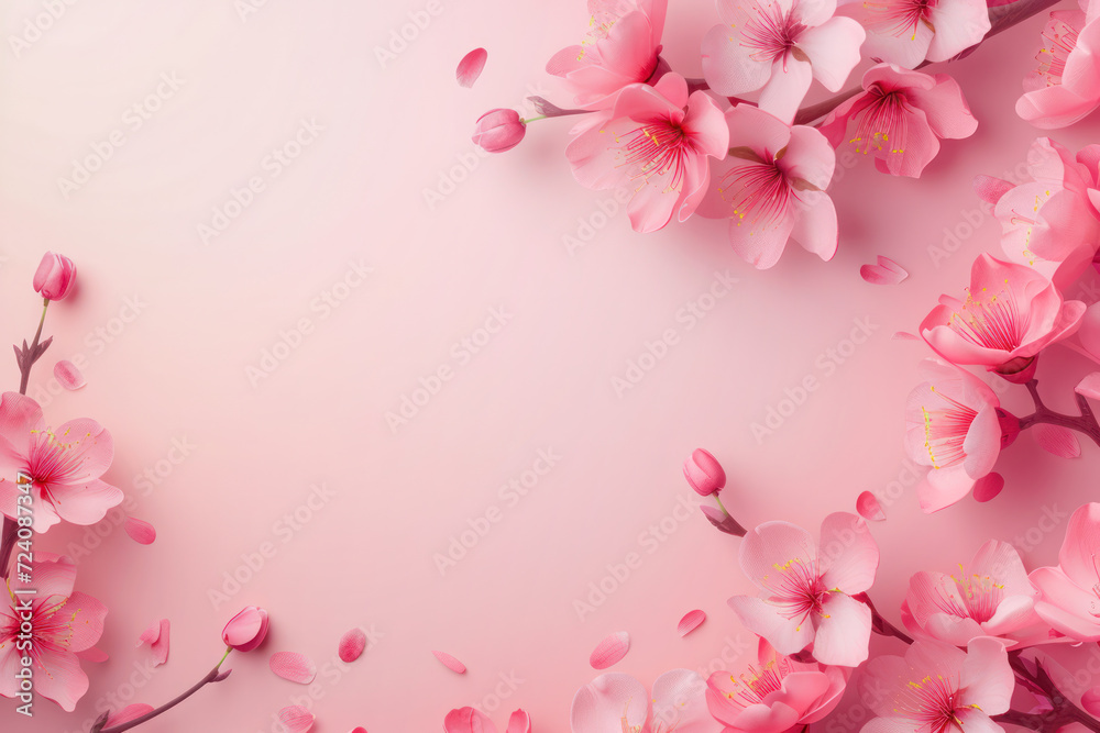 Pink spring background with delicate spring flowers with copy space. Product promotion, template, mockup, cosmetics, sales background.