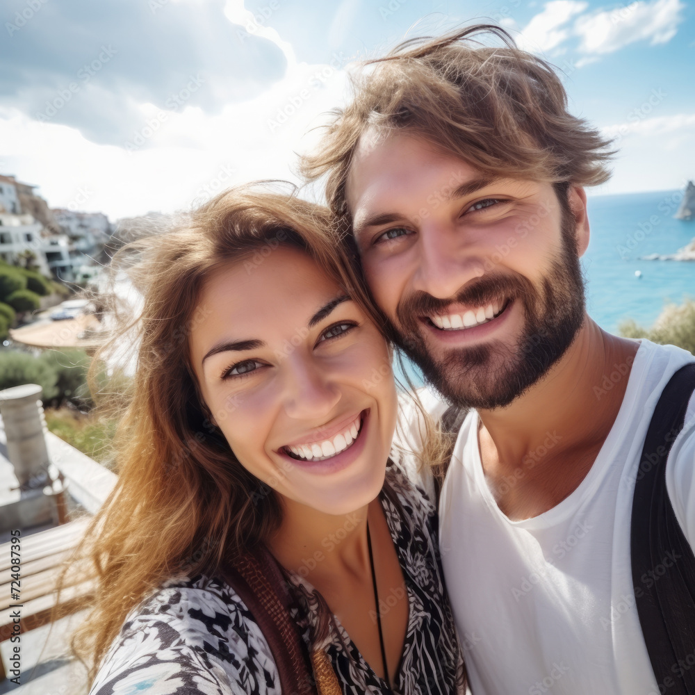 Joyful Getaway: Young Happy Couple's Vacation Selfie in the Great Outdoors Joyful Getaway: Young Happy Couple's Vacation Selfie in the Great Outdoors