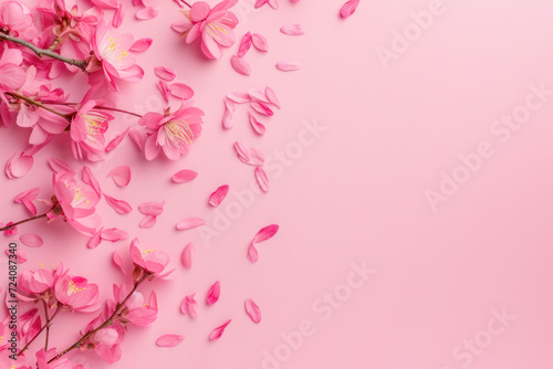 Pink spring background with delicate spring flowers with copy space. Product promotion, template, mockup, cosmetics, sales background.
