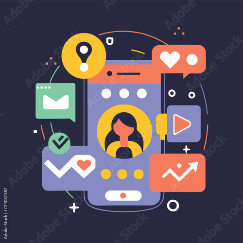 2d vector illustration colorful social media boost , influence blogger E-marketer via Internet pages marketing referral