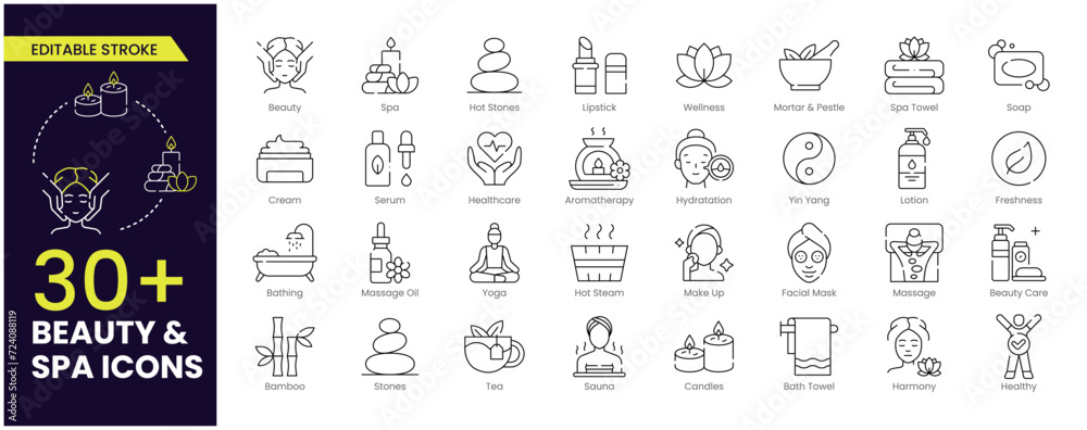 Beauty and Spa Stroke icon set. Containing sauna, aromatherapy, treatment, yoga, skin care and wellness icons. Outline Editable stroke icons collection. - obrazy, fototapety, plakaty 
