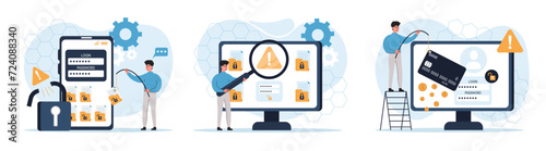 Cyber criminals phishing stealing private personal data, credentials, password, bank document and credit card. Cyber crime, hacker attack. Data protection concept. Vector illustrations set.