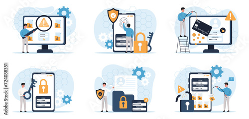 Cyber data security set.Two-level protection system,a character confident in the reliability of security. Cyber criminals phishing stealing private personal data.Data protection concept.Vector.