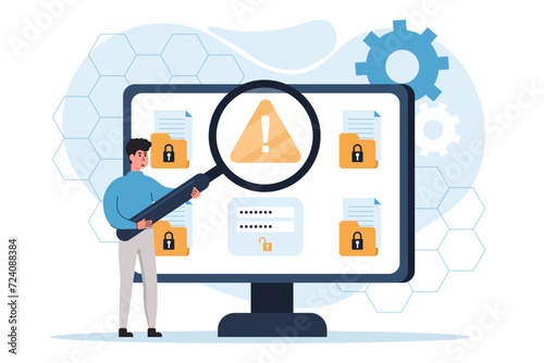 Protection system warns the character that a cyber attack has been carried out on his account and they are trying to steal personal data Cyber crime, hacker attack. Data protection concept. Vector. 