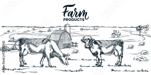 Milk dairy farm hand drawn sketch vector vintage illustration. Cows graze on meadows on countryside fields