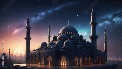 Night Sky Silhouette of a Big Mosque. Suitable for Ramadan concept, Islamic concept, Greeting card, Wallpaper, Background, Illustration, etc 