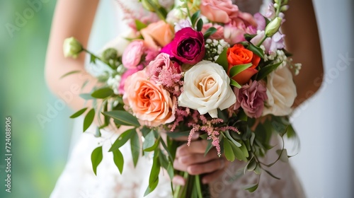 bride holding bouquet, delicate details of a bride's hands as she holds a stunning bouquet. The vibrant colors of the flowers complement the bride's attire, and the soft focus background adds a dream