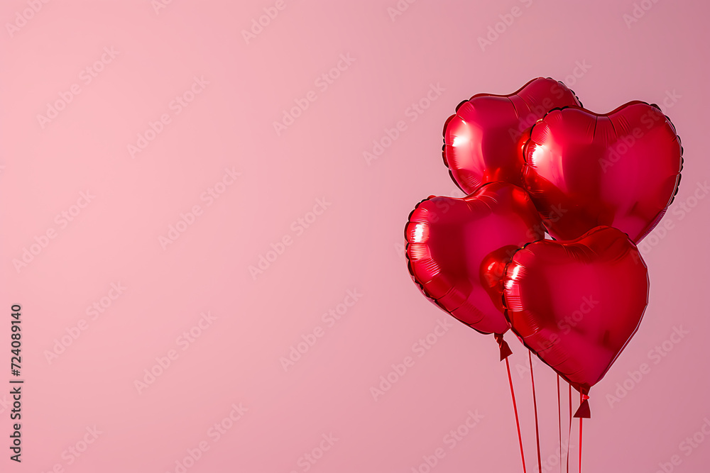 several red heartshaped balloons floating over a pink