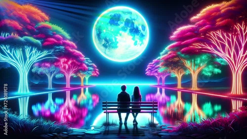Valentine's Day - Lovers sit next to each other against the backdrop of a big moon, neon lights and a fabulous night