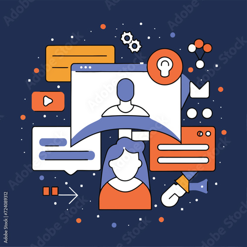 2d vector illustration colorful social media boost , influence blogger E-marketer via Internet pages marketing referral