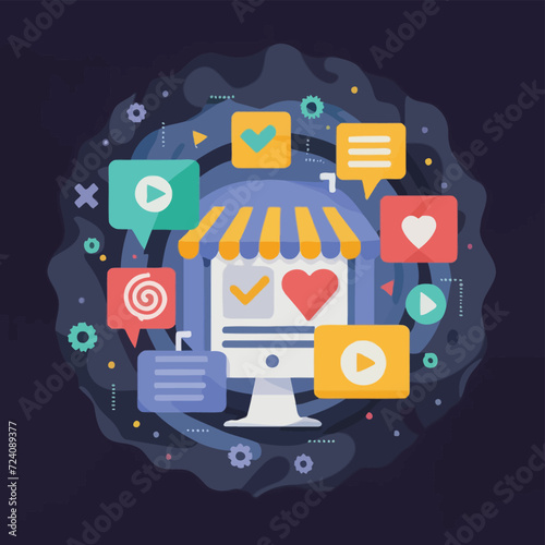 2d vector illustration colorful social media boost , influence blogger E-marketer via Internet pages marketing referral