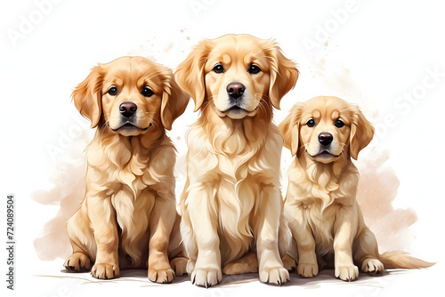 Front view of aesthetic golden retrievers illustration or cartoon on white background