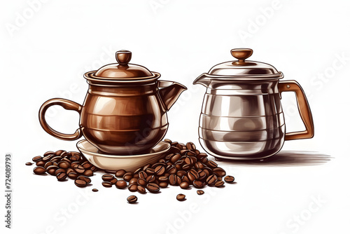 Front view of aesthetic coffee beans with mocha pot illustration or cartoon on white background
