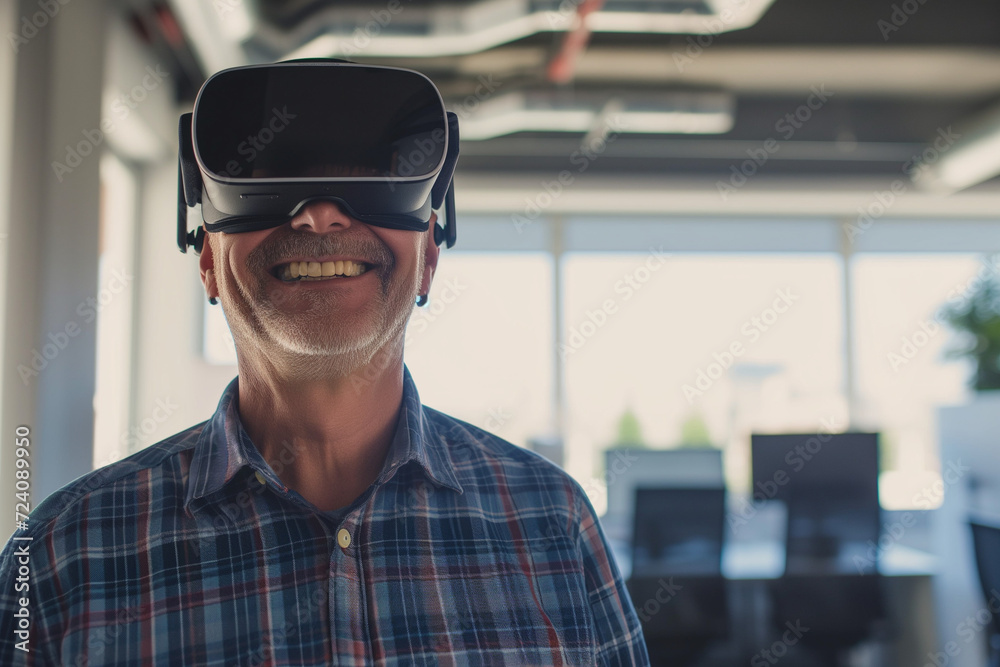 A smiling man in a Modern Bright Office environment wearing a vr headset. A smiling man in a Modern Bright Office environment wearing a vr headset.