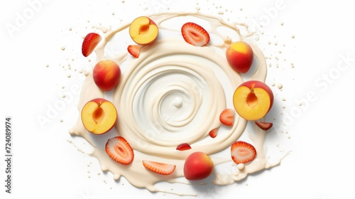 Whirlpool of milk with strawberries and peaches dancing amidst splashes, set against a stark white backdrop for a minimalist look