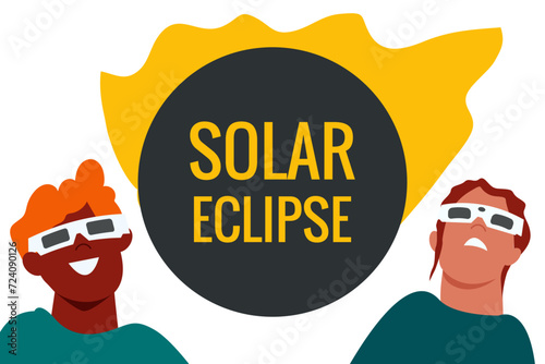 Solar eclipse. Group of joyful people with protective glasses looks at the solar eclipse. Poster template, web banner, or card.vector illustration.