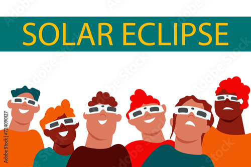 Solar eclipse. Group of joyful people with protective glasses looks at the solar eclipse. Poster template, web banner, or card.vector illustration.